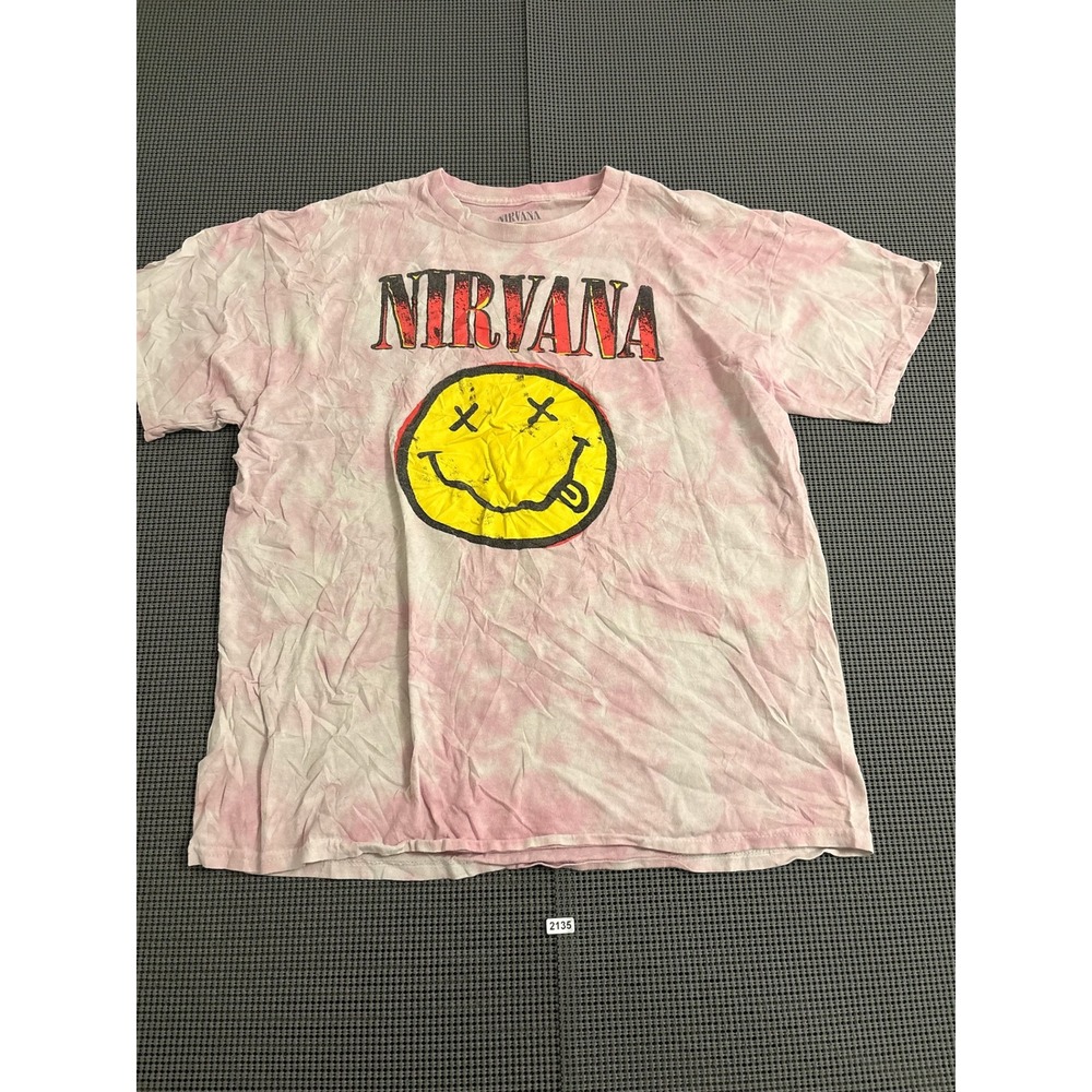 Nirvana Smiley Face Graphic Tie Dye T-Shirt Pink White Large RN 90355